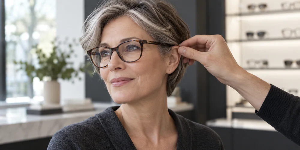 Illustrative close-up of an optical professional carefully fitting eyeglasses
