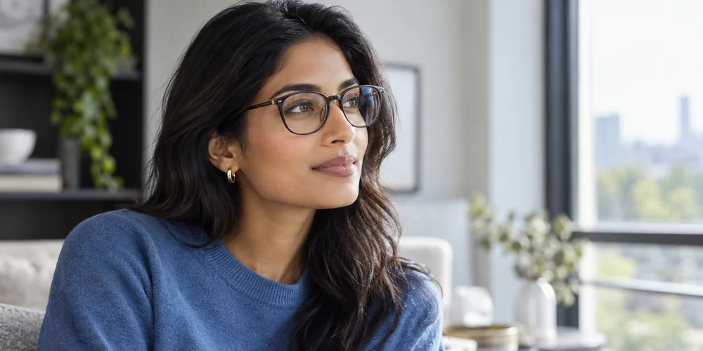Illustrative everyday scene of a person wearing clear eyeglasses in natural light