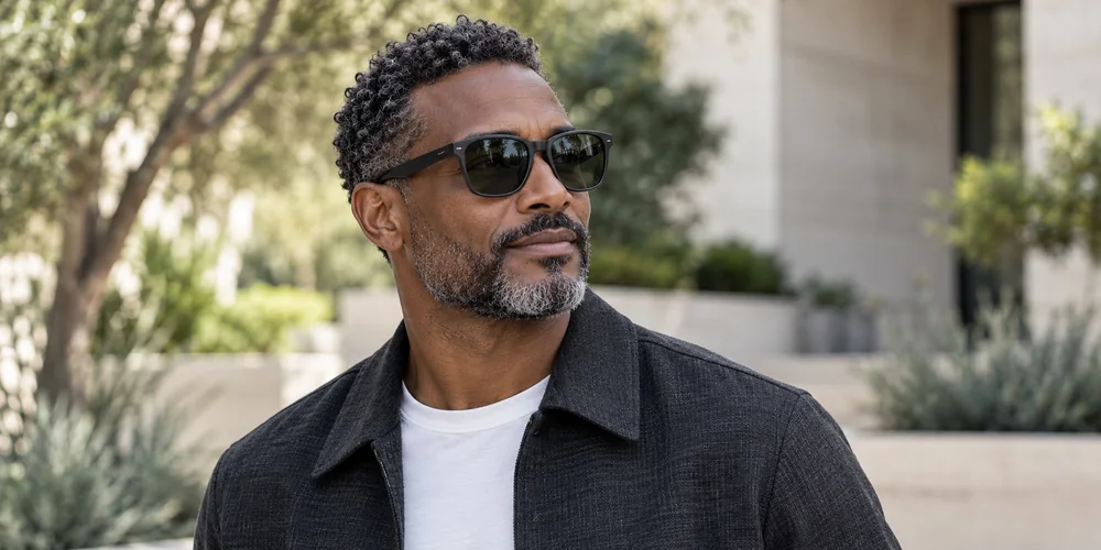 Illustrative outdoor portrait of a person wearing sunglasses in natural daylight