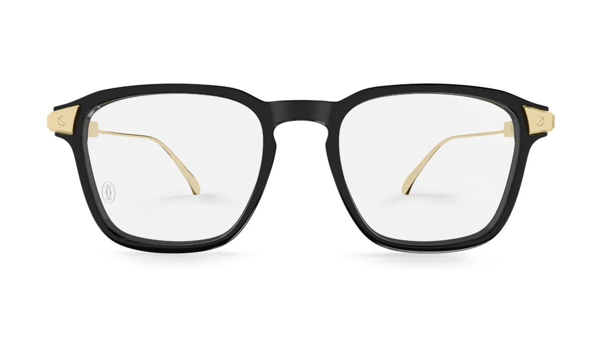 Black and gold Cartier optical frame shown from the front