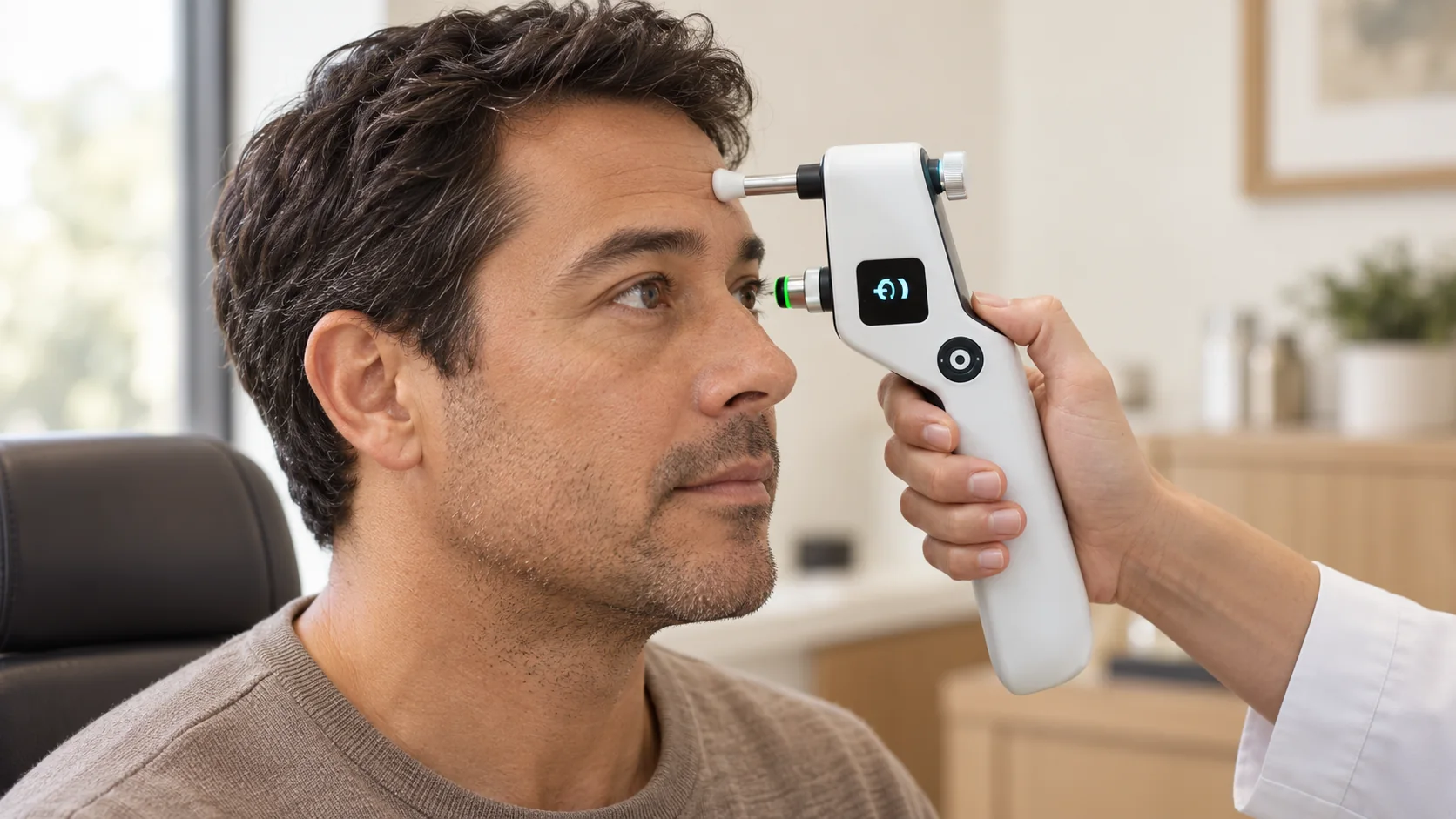 Male patient having an eye-pressure check with a handheld tonometer